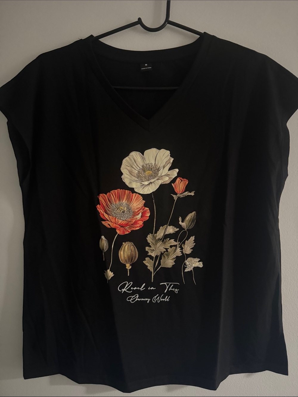 Black V-Neck Floral Graphic Tee - Black